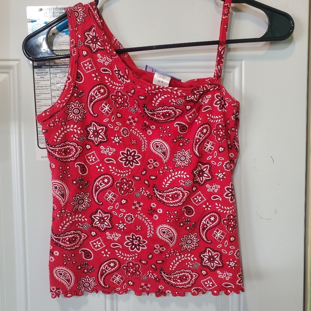 This is a little girl's size xL 16 Red black & white A country top